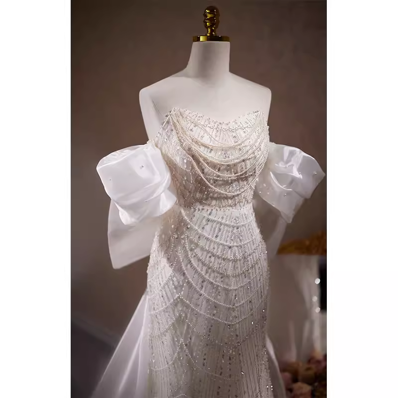 Luxury Mermaid Sweetheart Tulle Sequin White Wedding Dresses With Removable Bownot