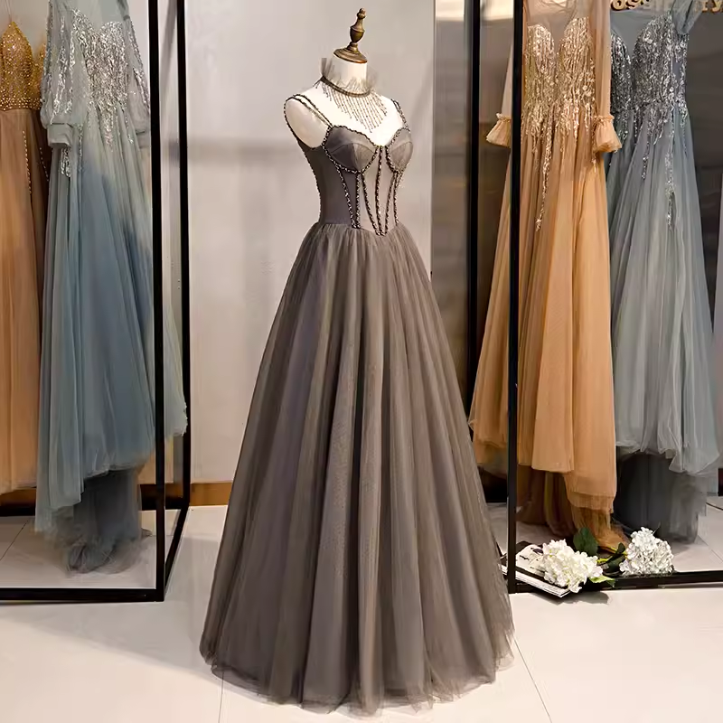 Simple A line Spaghetti Straps Tulle Beads Long Prom Dresses