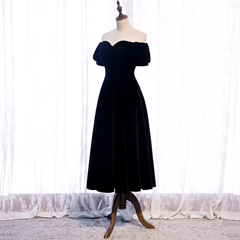 Simple A line Off The Shoulder Velvet Black Bridesmaid Dress
