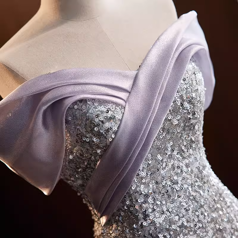 Sparkly Mermaid Off The Shoulder Sequin Lilac Long Prom Dresses