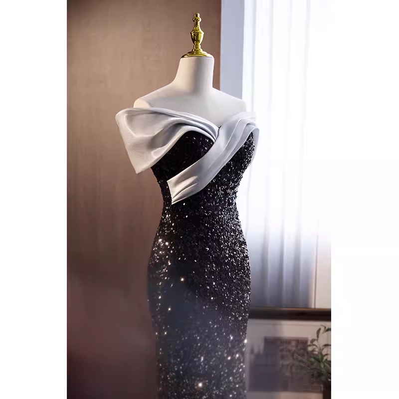 Sparkly Mermaid Off The Shoulder Sequin Black Long Prom Dresses