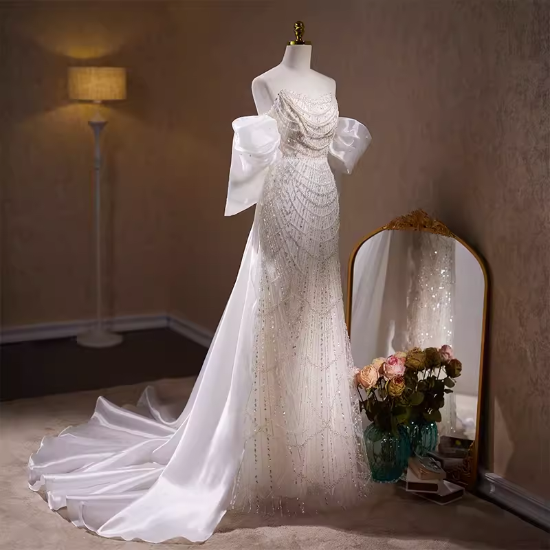 Luxury Mermaid Sweetheart Tulle Sequin White Wedding Dresses With Removable Bownot