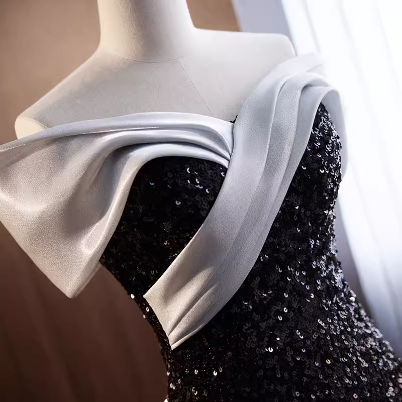 Sparkly Mermaid Off The Shoulder Sequin Black Long Prom Dresses