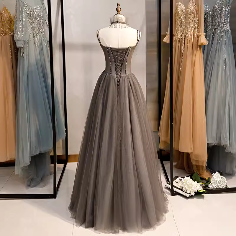Simple A line Spaghetti Straps Tulle Beads Long Prom Dresses