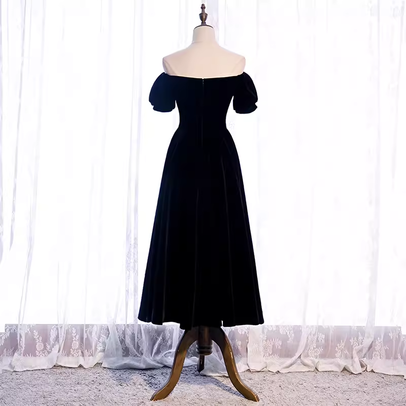 Simple A line Off The Shoulder Velvet Black Bridesmaid Dress