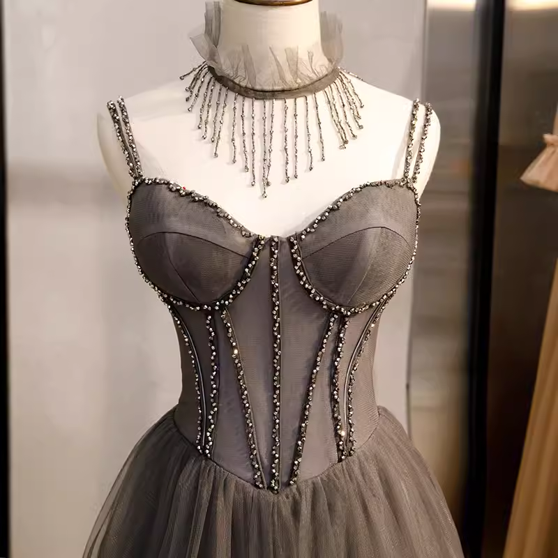 Simple A line Spaghetti Straps Tulle Beads Long Prom Dresses