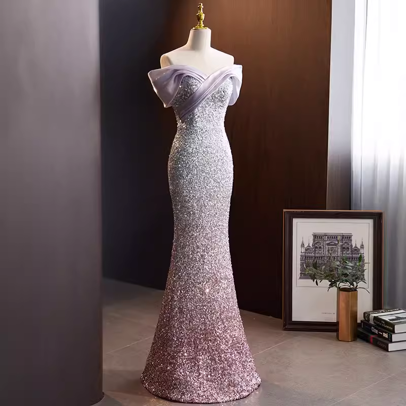 Sparkly Mermaid Off The Shoulder Sequin Lilac Long Prom Dresses