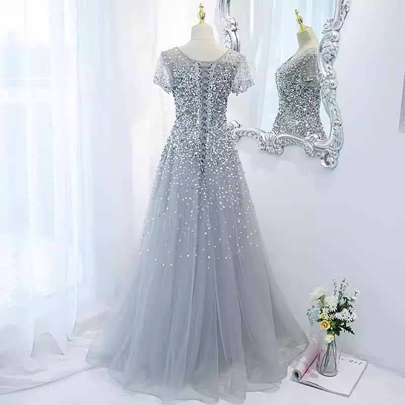 Sparkle A line Scoop Tulle Beads Long Gray Prom Dresses