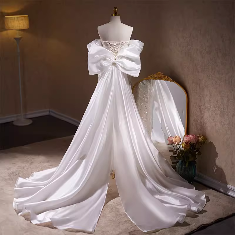 Luxury Mermaid Sweetheart Tulle Sequin White Wedding Dresses With Removable Bownot