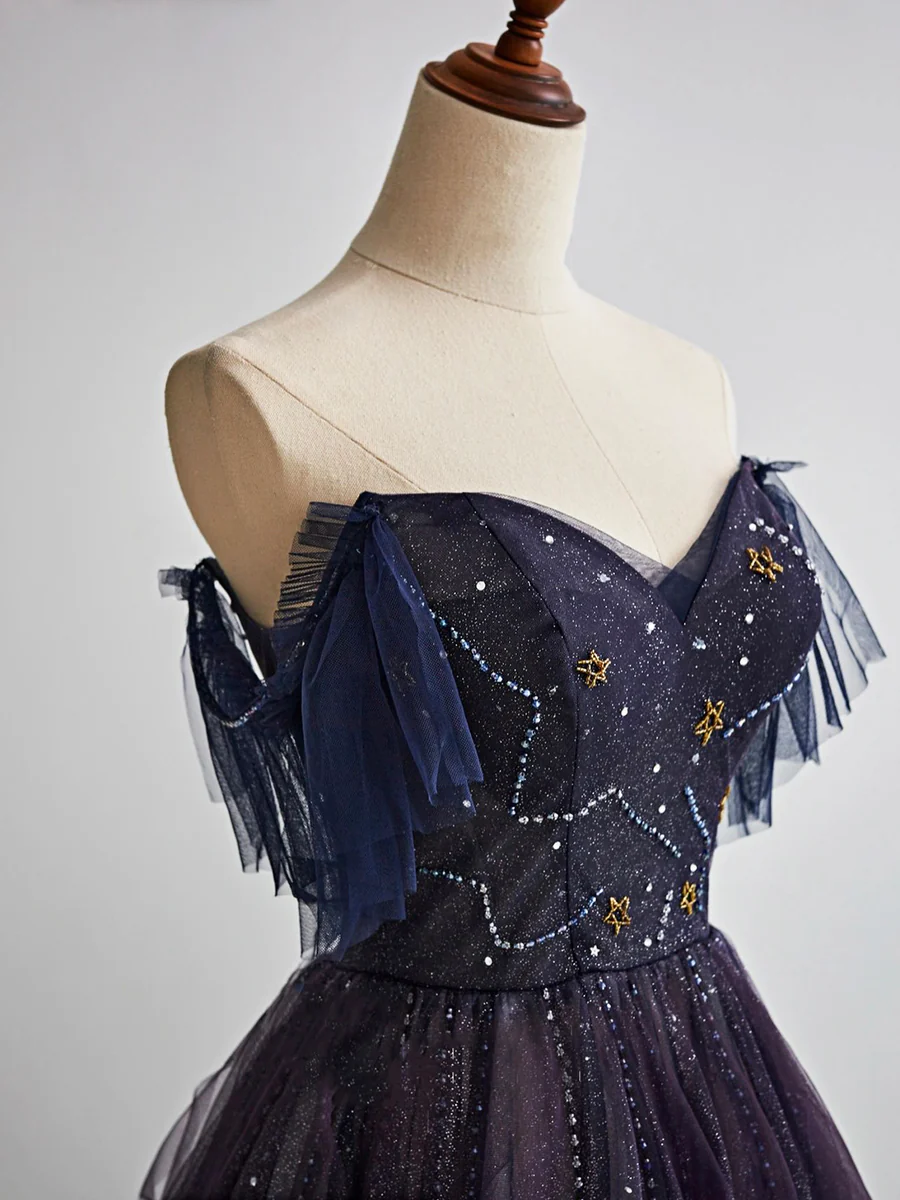 Dark starry sky purple tulle long prom dress purple evening dress BD19