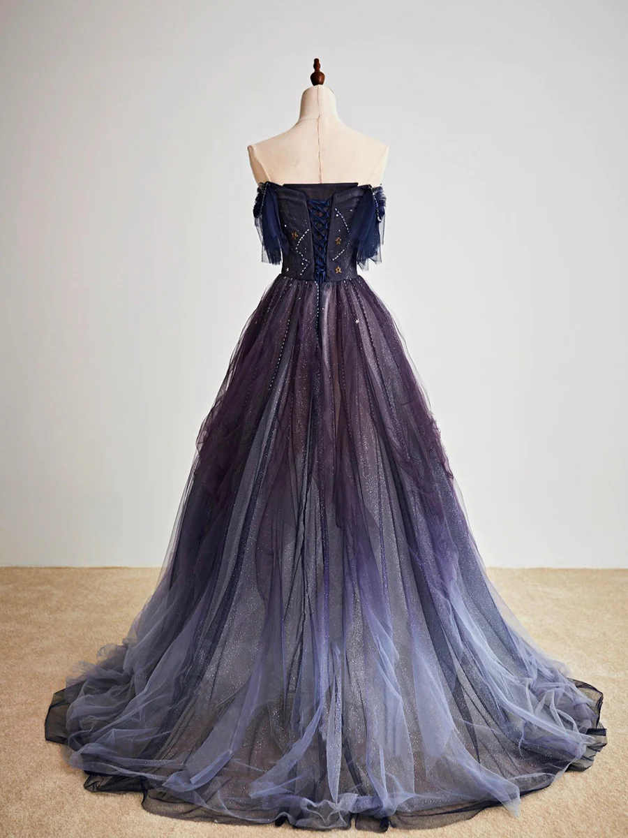 Dark starry sky purple tulle long prom dress purple evening dress BD19