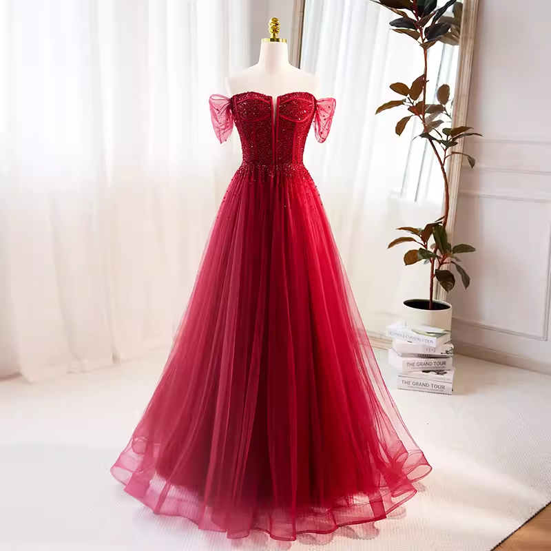 Modest A line Off The Shoulder Tulle Long Red Prom Dress