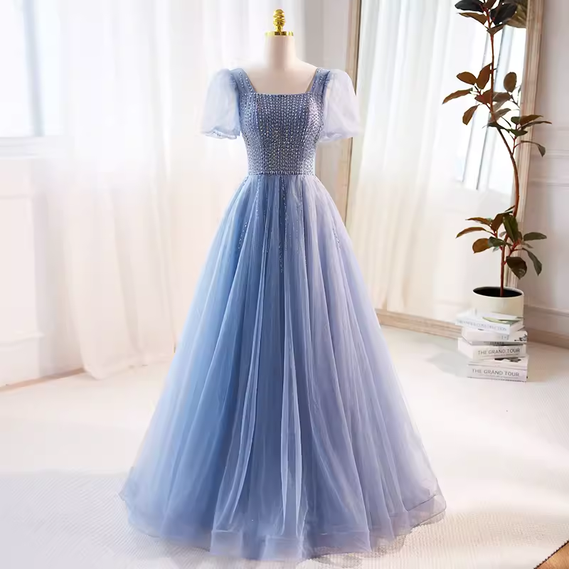 A line Short Sleeves Long Tulle Blue Prom Dress