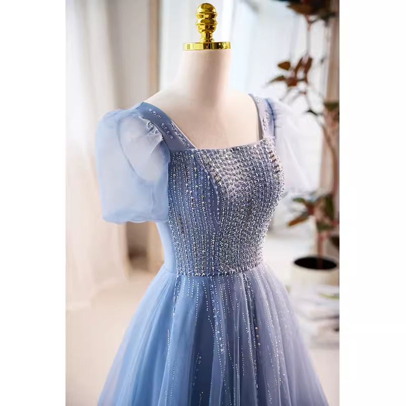 A line Short Sleeves Long Tulle Blue Prom Dress