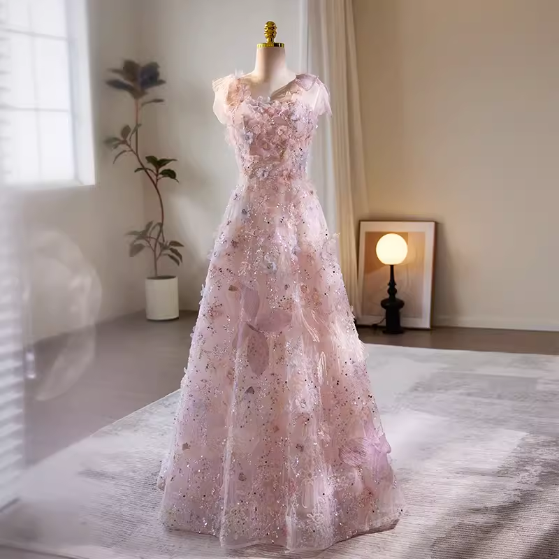 Modest A line Straps Tulle Long Pink Prom Dress