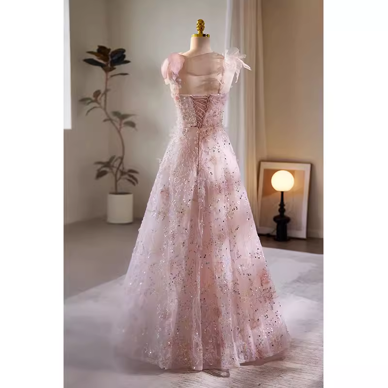 Modest A line Straps Tulle Long Pink Prom Dress