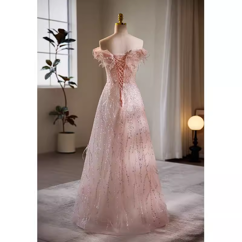 Modest A line Off The Shoulder Tulle Long Pink Prom Dress