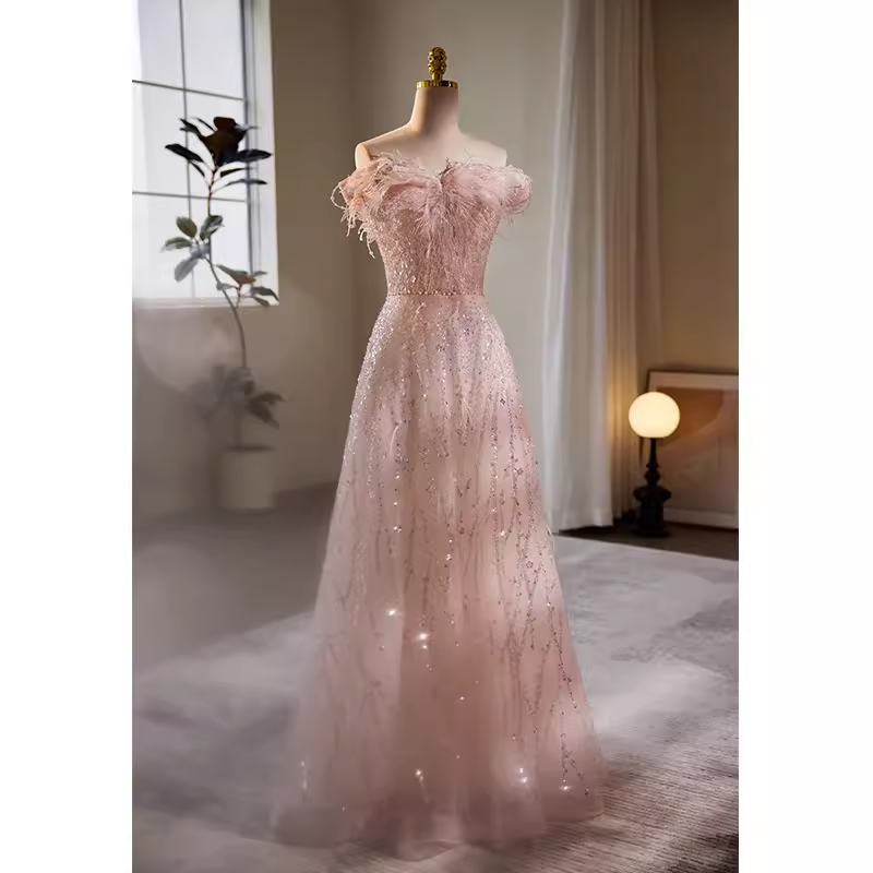 Modest A line Off The Shoulder Tulle Long Pink Prom Dress