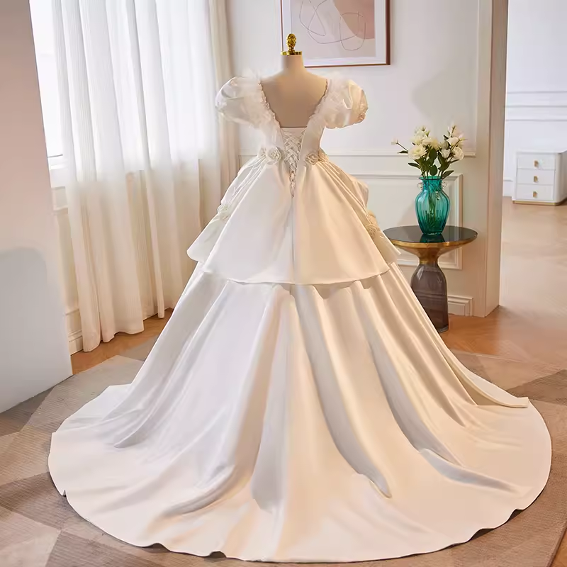 Vintage Ball Gown White Satin Long Wedding Dresses