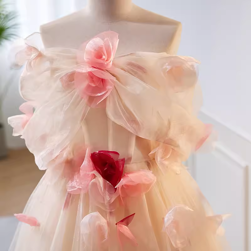 Princess Ball Gown Strapless Tulle Long Prom Dress