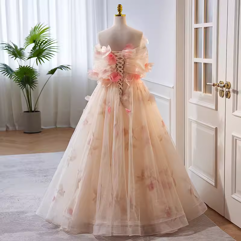 Princess Ball Gown Strapless Tulle Long Prom Dress