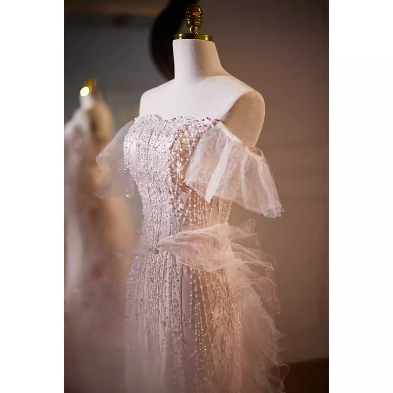 Luxury Mermaid Strapless Tulle Pearls Long Pink Prom Dress