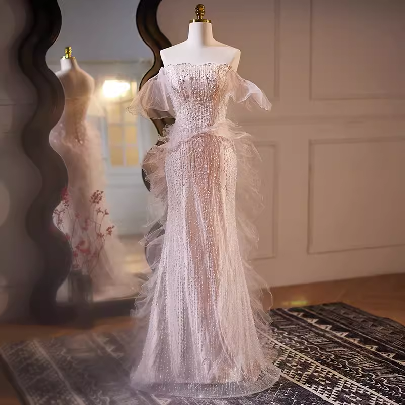 Luxury Mermaid Strapless Tulle Pearls Long Pink Prom Dress