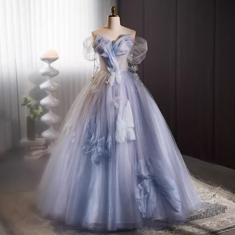 Vintage Ball Gown Strapless Tulle Blue Sweet 16 Dresses