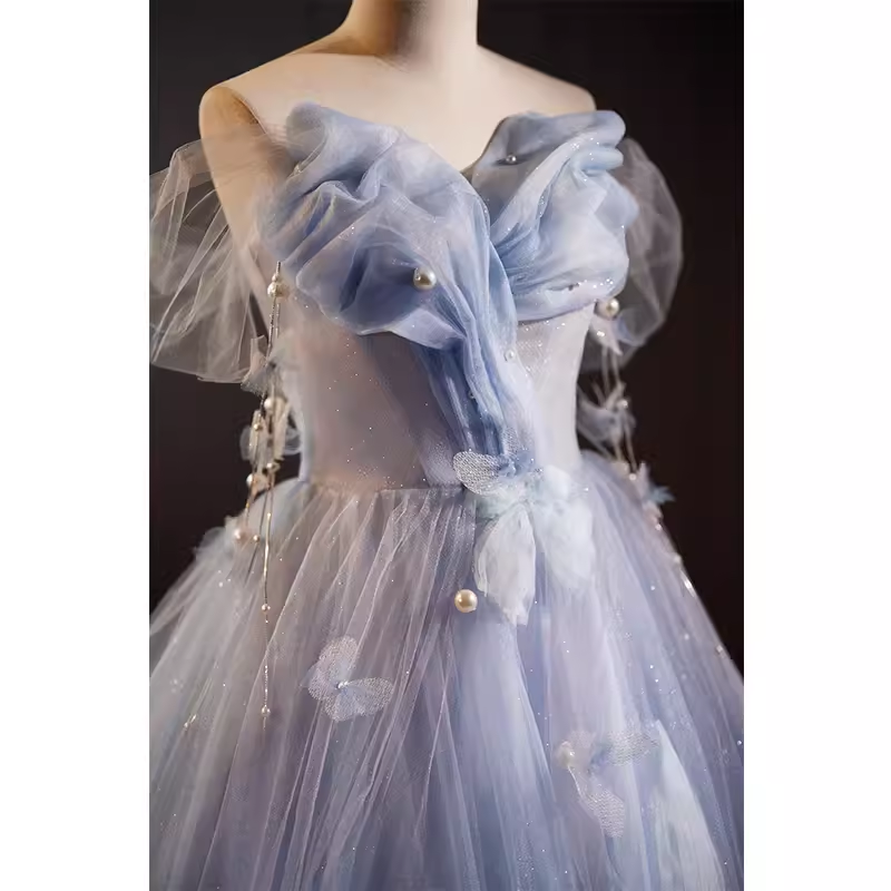 Vintage Ball Gown Strapless Tulle Blue Sweet 16 Dresses