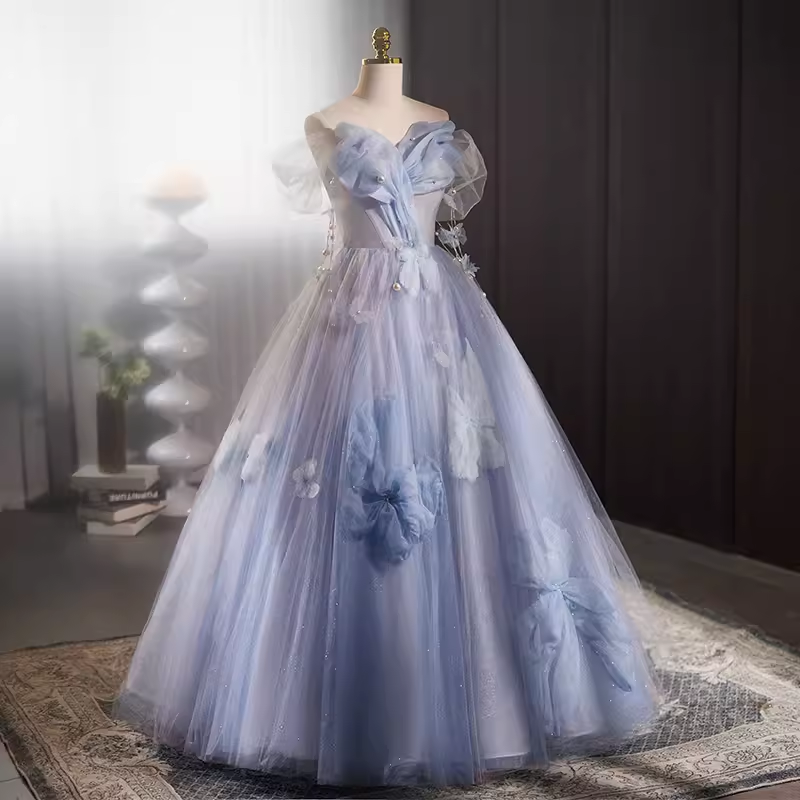 Vintage Ball Gown Strapless Tulle Blue Sweet 16 Dresses