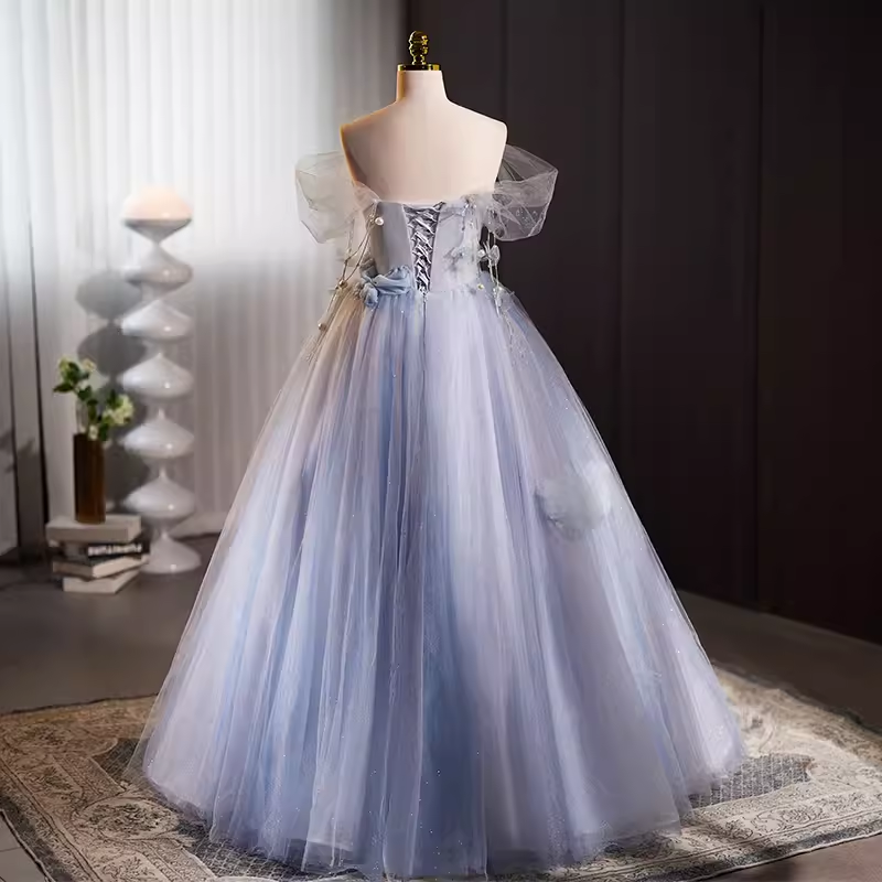 Vintage Ball Gown Strapless Tulle Blue Sweet 16 Dresses