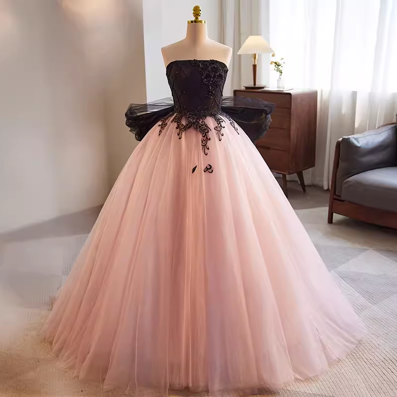 Vintage Ball Gown Strapless Tulle White Pink Sweet 16 Dresses