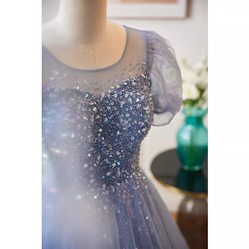 Luxury A line Scoop Tulle Long Blue Prom Dress