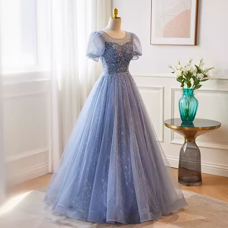 Luxury A line Scoop Tulle Long Blue Prom Dress