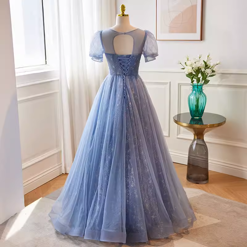 Luxury A line Scoop Tulle Long Blue Prom Dress