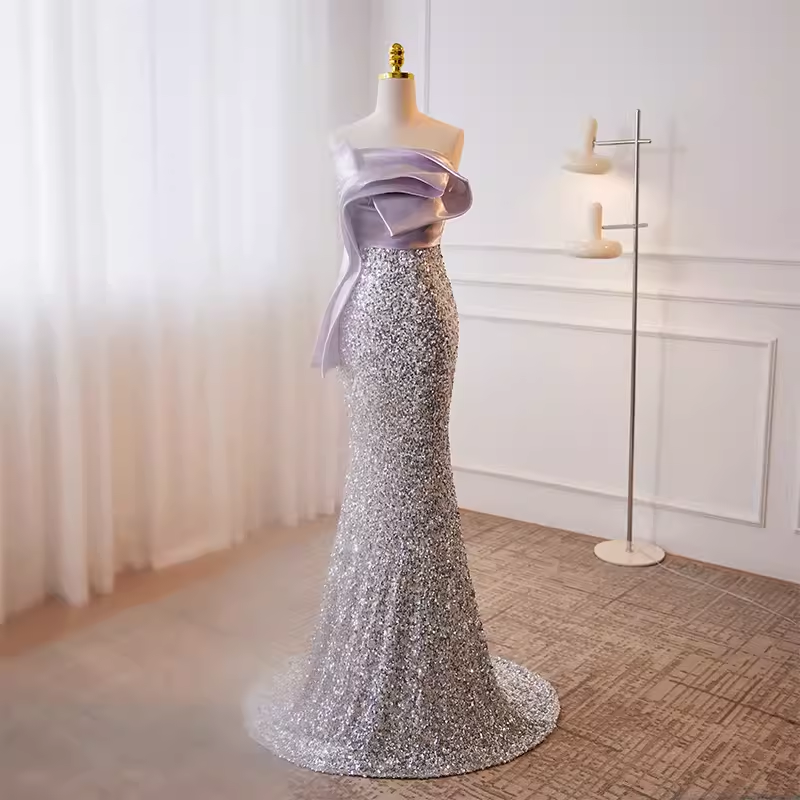 Luxury Mermaid Strapless Long Sequin Lilac Prom Dress