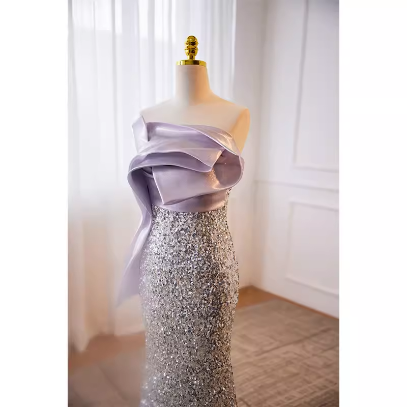 Luxury Mermaid Strapless Long Sequin Lilac Prom Dress