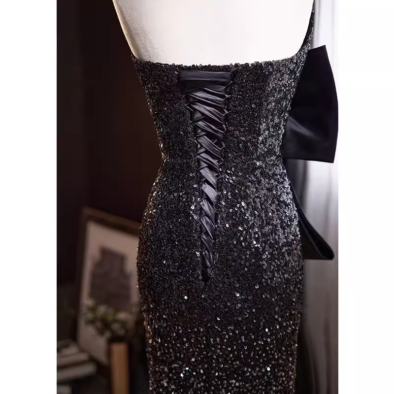 Luxury Mermaid Strapless Long Sequin Black Prom Dress