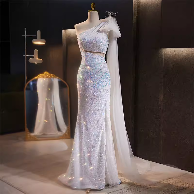 Luxury Mermaid One Shoulder Long Sequin White Prom Dress