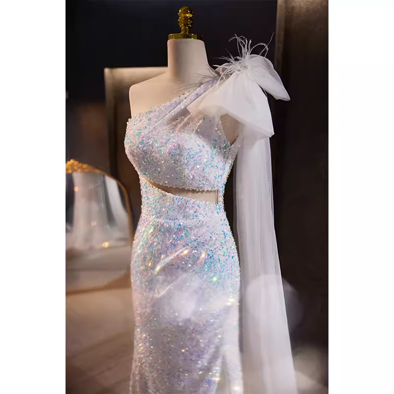 Luxury Mermaid One Shoulder Long Sequin White Prom Dress