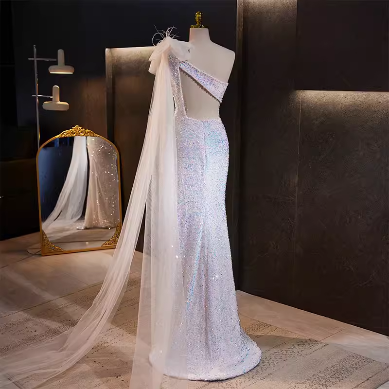 Luxury Mermaid One Shoulder Long Sequin White Prom Dress