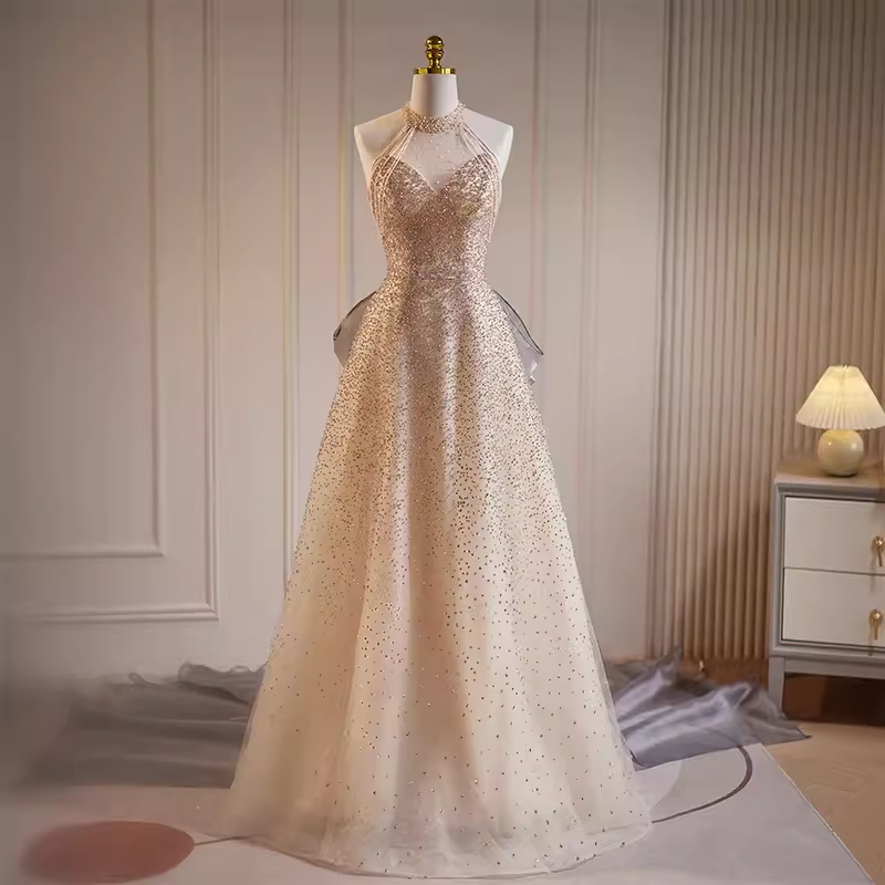 Luxury A line High Neckline Long Sequin Champagne Prom Dress