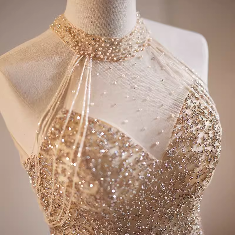 Luxury A line High Neckline Long Sequin Champagne Prom Dress