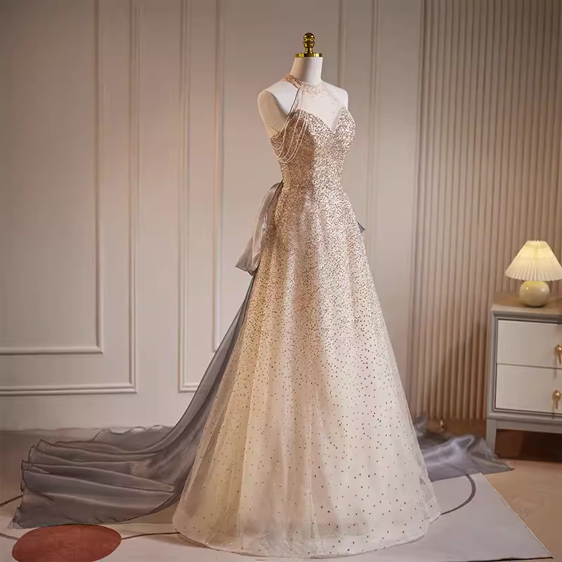 Luxury A line High Neckline Long Sequin Champagne Prom Dress