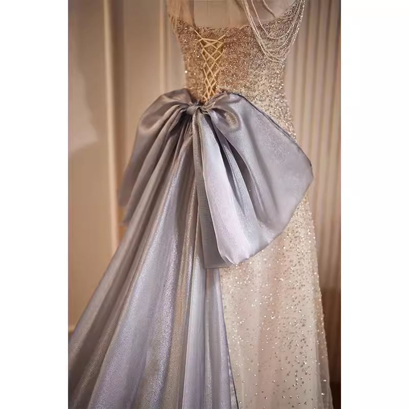Luxury A line High Neckline Long Sequin Champagne Prom Dress