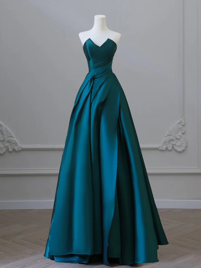 A-Line Satin Dark Green Long Prom Dress