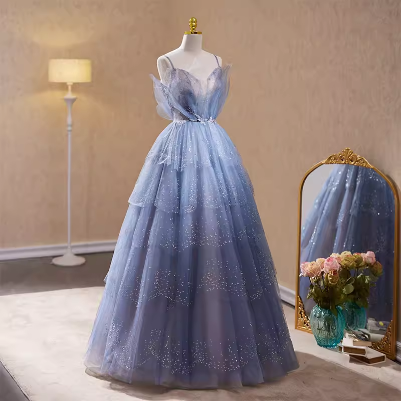 Luxury A line Straps Long Sequin Blue Prom Dress