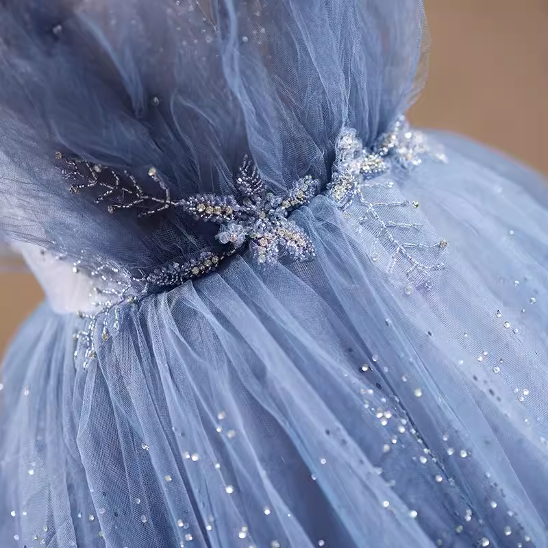 Luxury A line Straps Long Sequin Blue Prom Dress