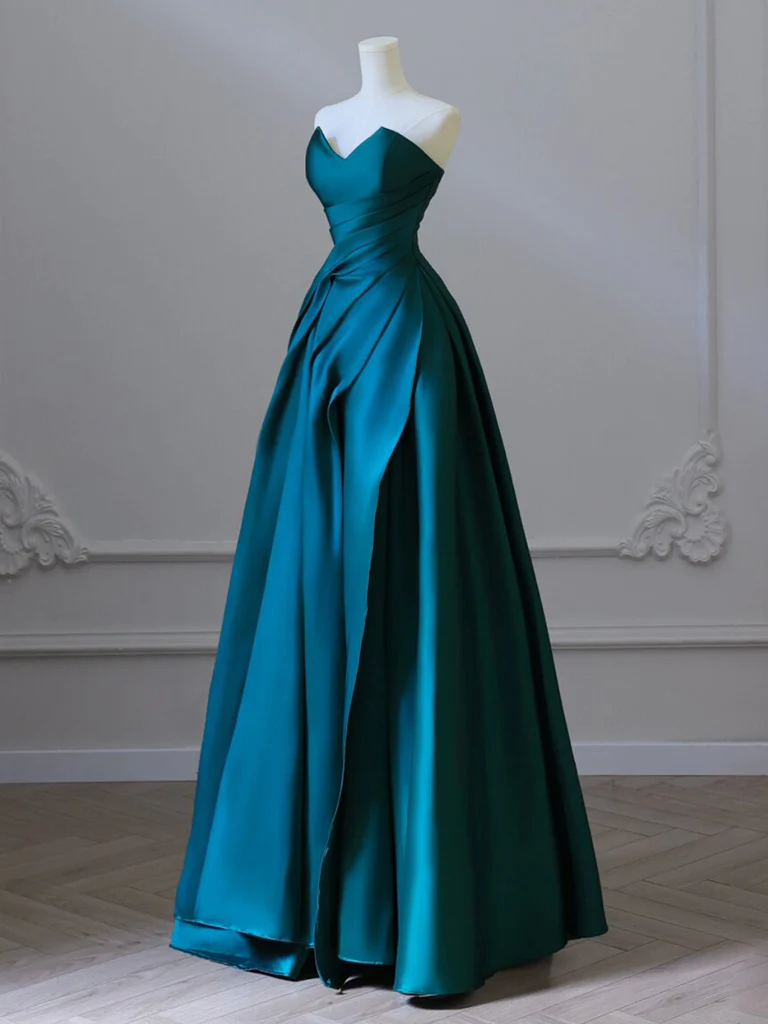A-Line Satin Dark Green Long Prom Dress