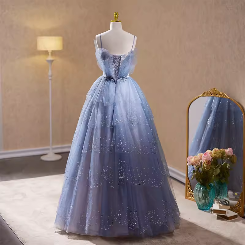 Luxury A line Straps Long Sequin Blue Prom Dress